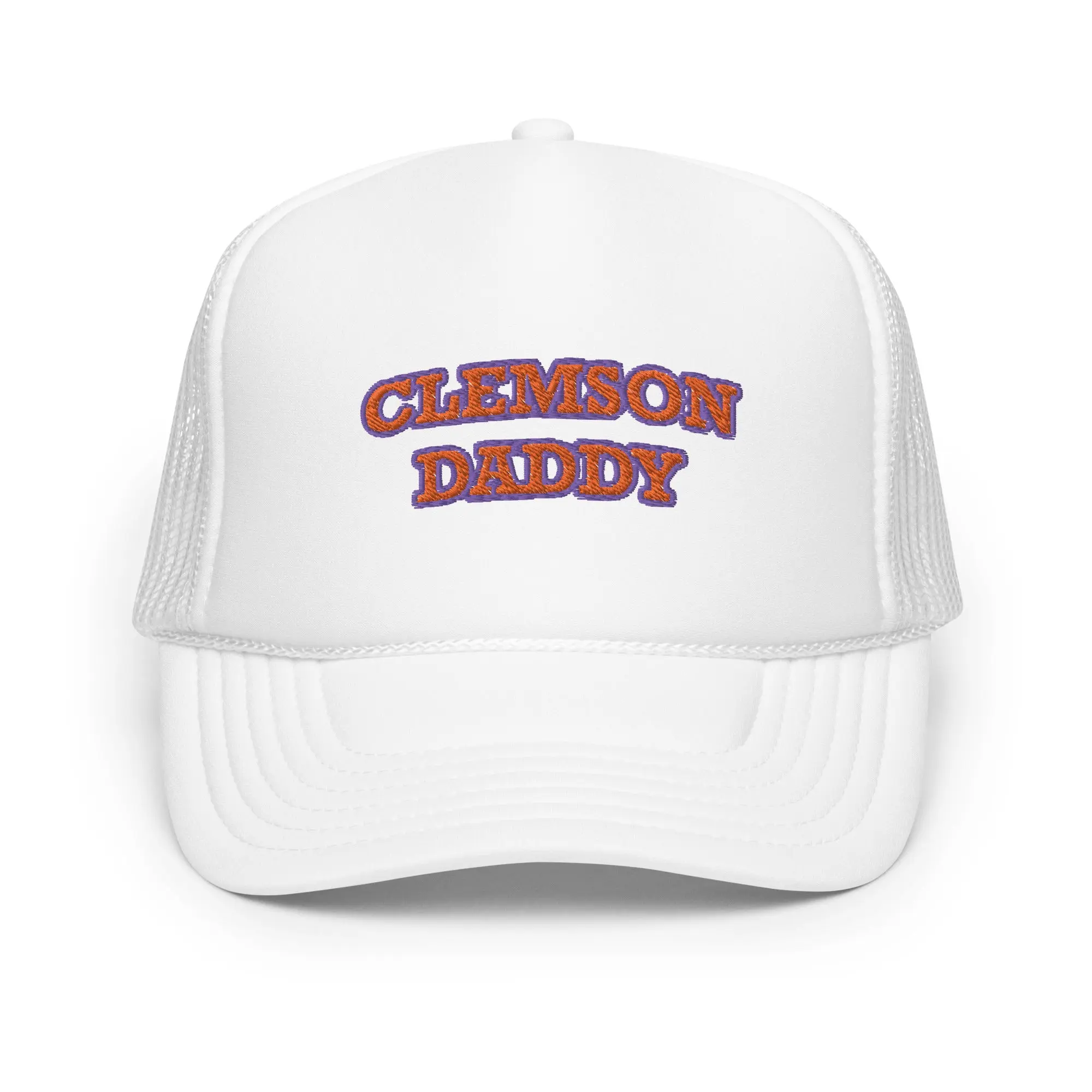 Clemson Daddy Trucker Hat - White with "CLEMSON DADDY" Text, Adjustable Fit, Classic Design