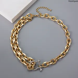 Premium Heavy Chunky Layered Chain Necklace for Women – Asymmetric Gold Curb Links with Silver Horseshoe Shackle Clasp | Weighty Mixed Metal Statement Choker for Baddie Punk Streetwear,summerwins