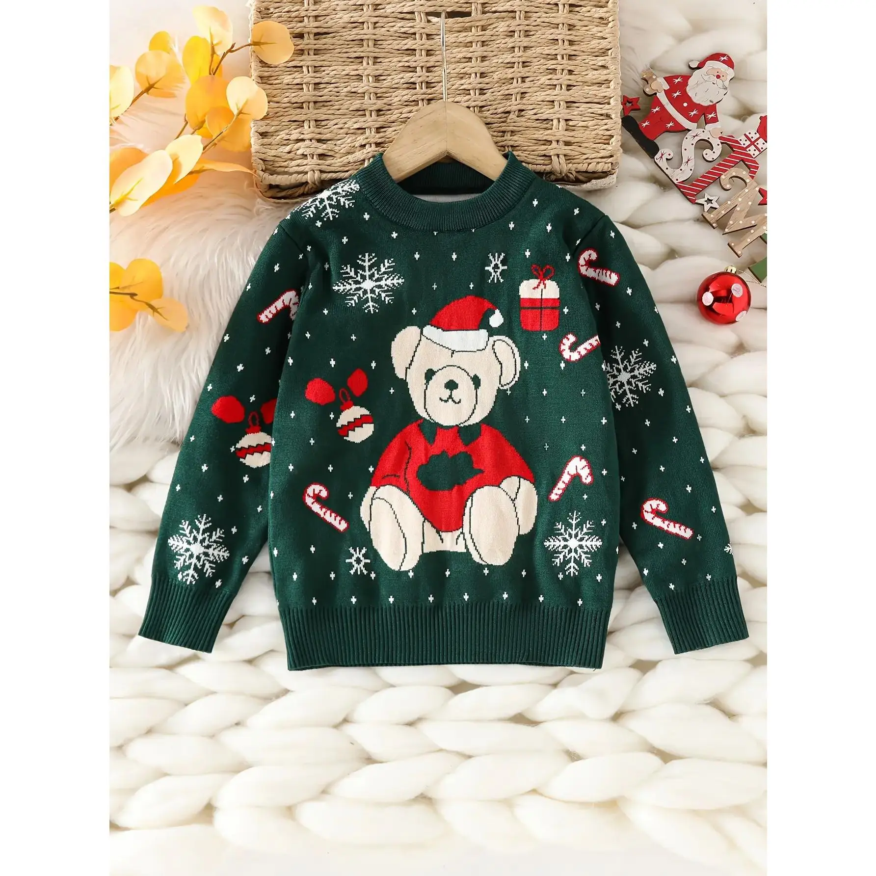 Boys' Christmas Sweater - Cozy Red Knit Pullover with Snowflake & Bear Design, Long Sleeve, Round Neck, Perfect  Fall/Winter, Christmas Sweater  Boys, Christma Jumper Kid Boy, Christma Jumper Boy, Sweater  Boy/young, Boy Winter Clothes for