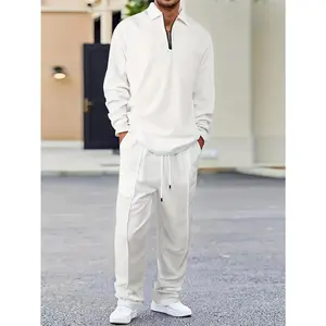 Men's 2pcs Waffle-Knit Matching Sweshirt & Pants Suit - Solid Color Casual Lapel Shirt & Matching Trousers, Spring/Fall Daily Wear or Vacation Outfit, 2pcs (No Belt Required)