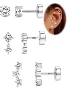 3 Pairs Flat Back Earrings Sterling Silver Stud Earrings for Women Girls Brilliant Hypoallergenic Earring Set Cartilage Earring Silver/Gold Tragus Helix Piercing Jewellery Stud Earrings Jewelry