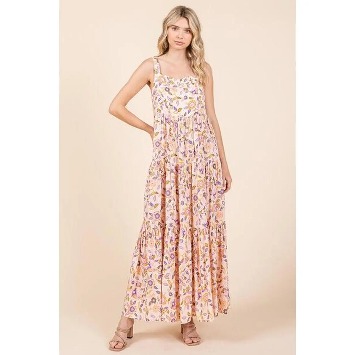 Mittoshop Flower Print Tiered Sleeveless Empire Maxi Dress