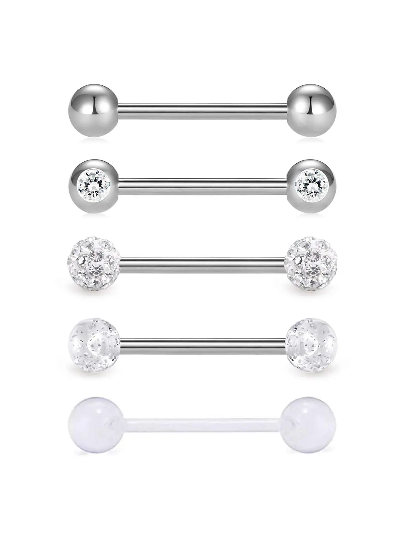 5pcs/set Rhinestone Decor Tongue Stud, Personalized Stainless Steel Body Piercing Jewelry for Men & Women, Fashion Body Jewelry, Septum Jewelry, Gems for Piercings