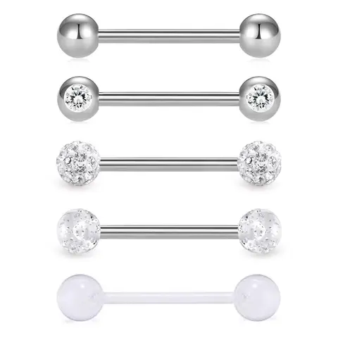 5pcs/set Rhinestone Decor Tongue Stud, Personalized Stainless Steel Body Piercing Jewelry for Men & Women, Fashion Body Jewelry, Septum Jewelry, Gems for Piercings, Body Jewellery