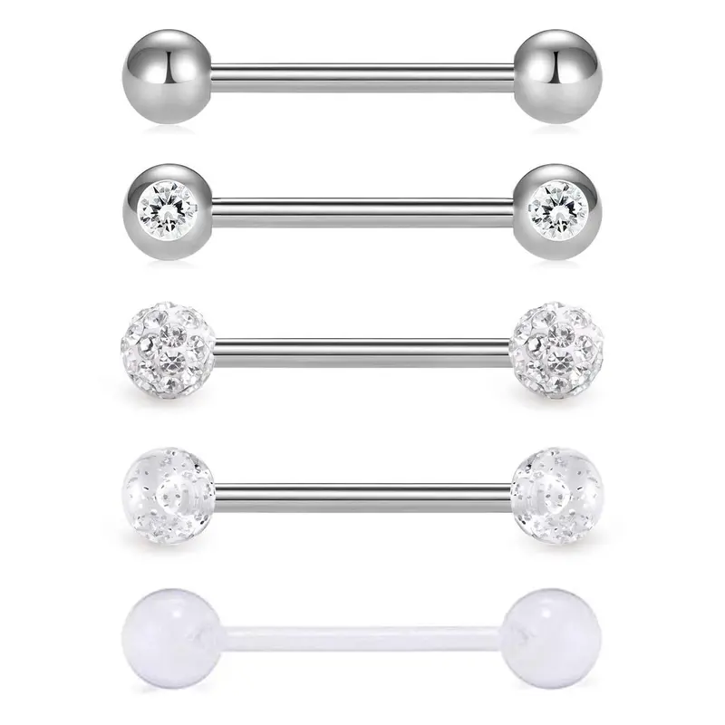 5pcs/set Rhinestone Decor Tongue Stud, Personalized Stainless Steel Body Piercing Jewelry for Men & Women, Fashion Body Jewelry, Septum Jewelry, Gems for Piercings, Body Jewellery