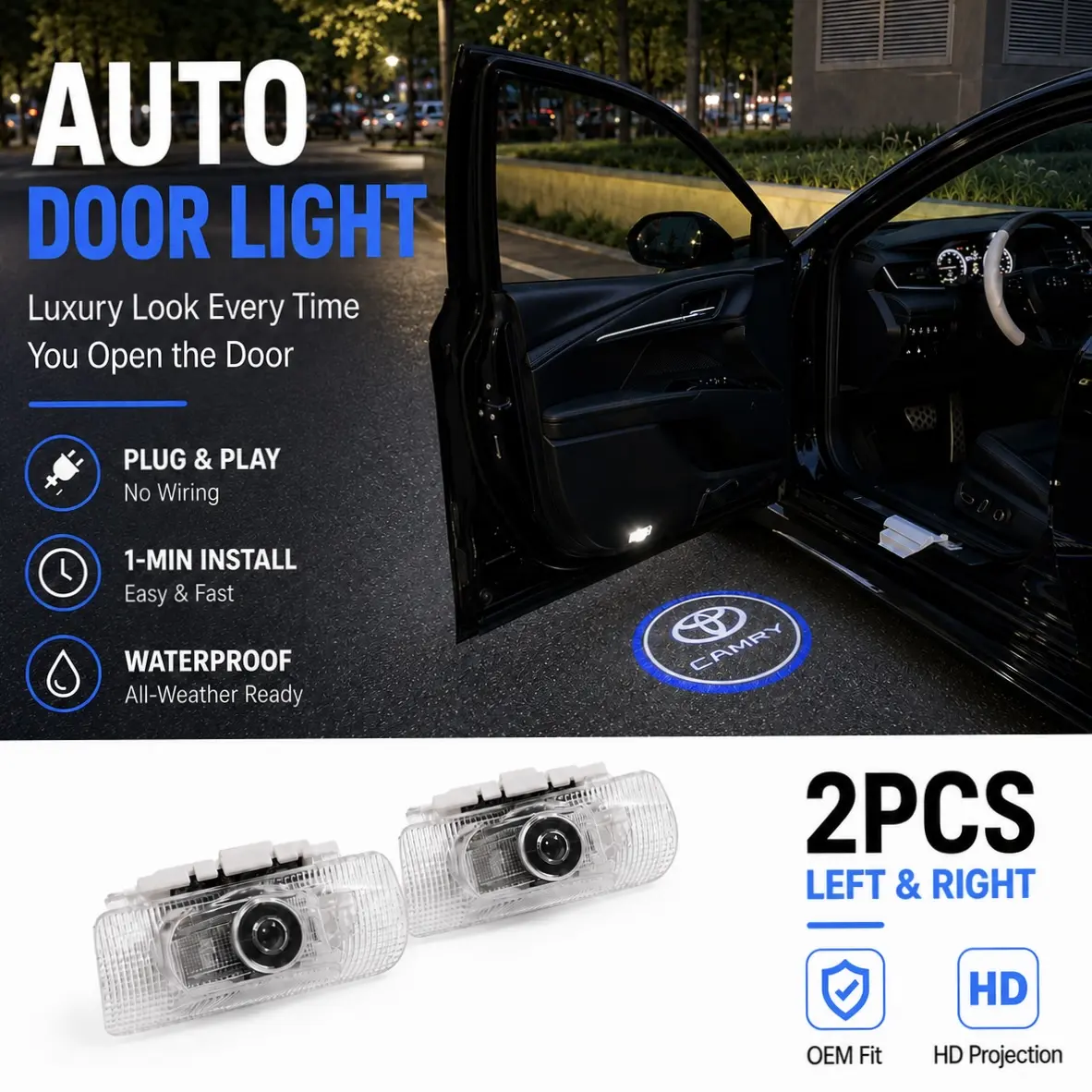 LED Door Welcome Light Compatible with Toyota Camry, HD Projection, Plug & Play, 2PCS, Led Lights For Car, Car Door Projector Lights
