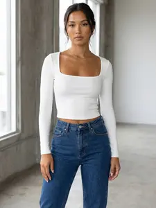 White Square Neck Crop Top Women's Ribbed Long Sleeve Fitted Basic Tee