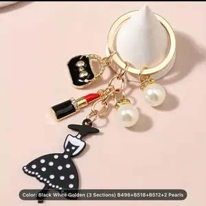 Glamorous Keychain - Elegance in Every Detail with Vintage Golden-Tone Chain, Chic Lipstick Charm, and Polka Dot Drops - Perfect Gift for Her