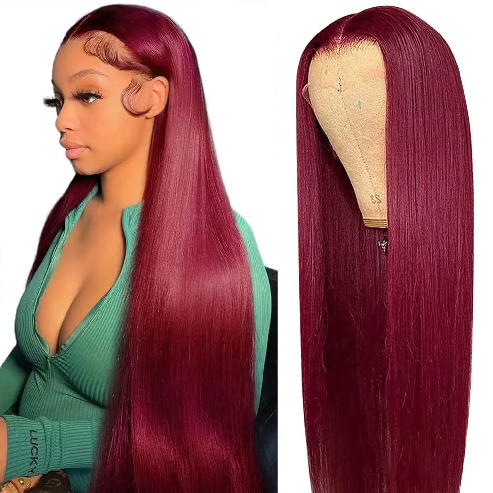 Burgundy Wig Human Hair Bone Straight 13x6 13x4 HD Transparent Lace Wig 99J Red Human Hair Wig Colored Reddish Brown Lace Frontal Wigs 180% Density Pre Plucked