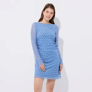 Women's Long Sleeve Lined Mini Skater Dress - Wild Fable Blue Polka Dots XS