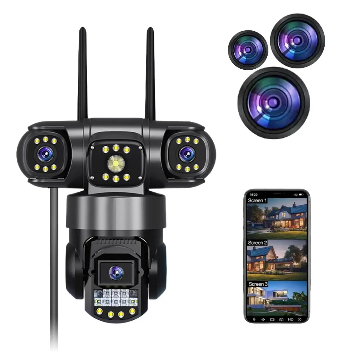 360° Triple Lens Rotating Outdoor Security Camera, 2.4G WiFi Security Camera with Motion-Detection, Home Security & Surveillance System, Home Monitoring Camera, Wireless Surveillance Camera