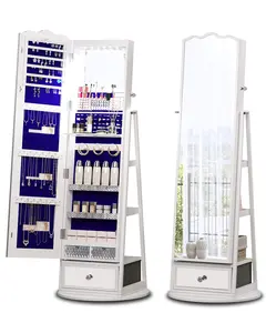 Full-Length Mirror Jewelry Cabinet Standing, 360° Swivel Jewelry Armoire with Mirror and LED Lights, Built in Mirror & Large Storage Shelves & Drawer, White Organizer Practical Functionality Elegant
