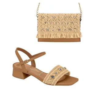 2PC set Vizzano  Boho  Low Heel Buckle sandal and Vizzano boho  Bag Brazilian Comfort Heels Chic Everyday Shoes for Women with Studded Detail & Pointed Toe - Sandal