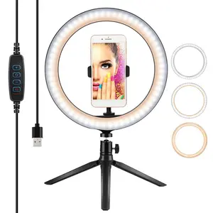 10" LED Desktop Ring Light Selfie LED Light 3 Colors Mode Accessories Adjustable  Tripod  Phone Cellphone Mount Smartphone