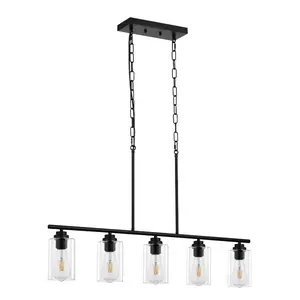 VEVOR 5-Light Kitchen Island Pendant Lights, 60W, Adjustable Dining Room Light Fixture with Clear Glass Lampshade 4 Rods 2 Metal Chains, Metal Frame Farmhouse Linear Chandeliers for Dining Room, E26