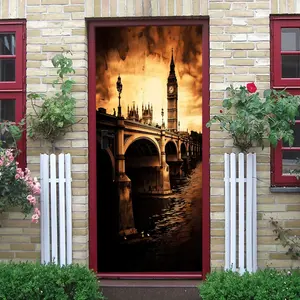 2 Vintage London Big Ben Thames River Bridge View Wall Sticker Removable Self Adhesive Art Wallpaper for Living Room Bedroom Entrance Background Wall Decoration Home Decor Mural Sticker