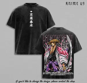Shunsui Kyoraku Bleach Captain Commander Soul Reaper Anime Vintage Washed Oversized Graphic Tee Kimono Style Streetwear Shirt