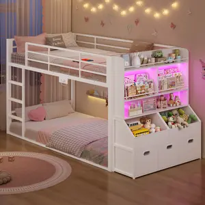 ADORNEVE Low Bunk Bed Twin Size with Bookshelf, Toy Organizer & Storage Drawers, Metal Floor Bunk Bed Twin Over Twin with RGB Lights & Charging Station, Safety Guardrail & Ladder, Small Space
