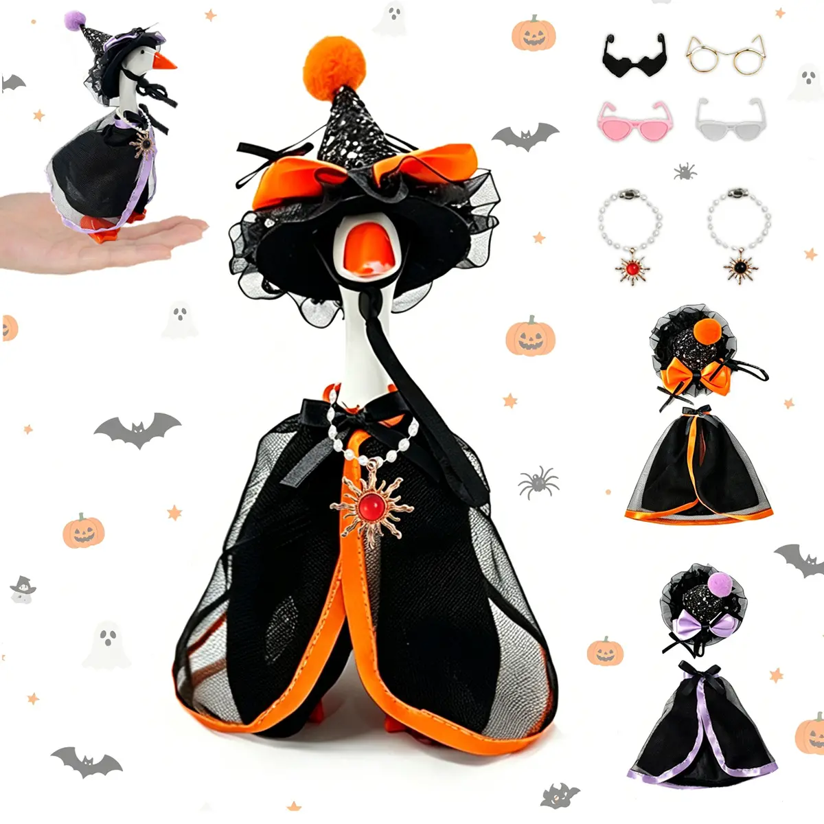 7 Inch Halloween Mini Desk Goose Costume Set with Witch Hat Shaped Hat and Halloween Color cloak Dress for Magnetic Statue Key Holder Decor