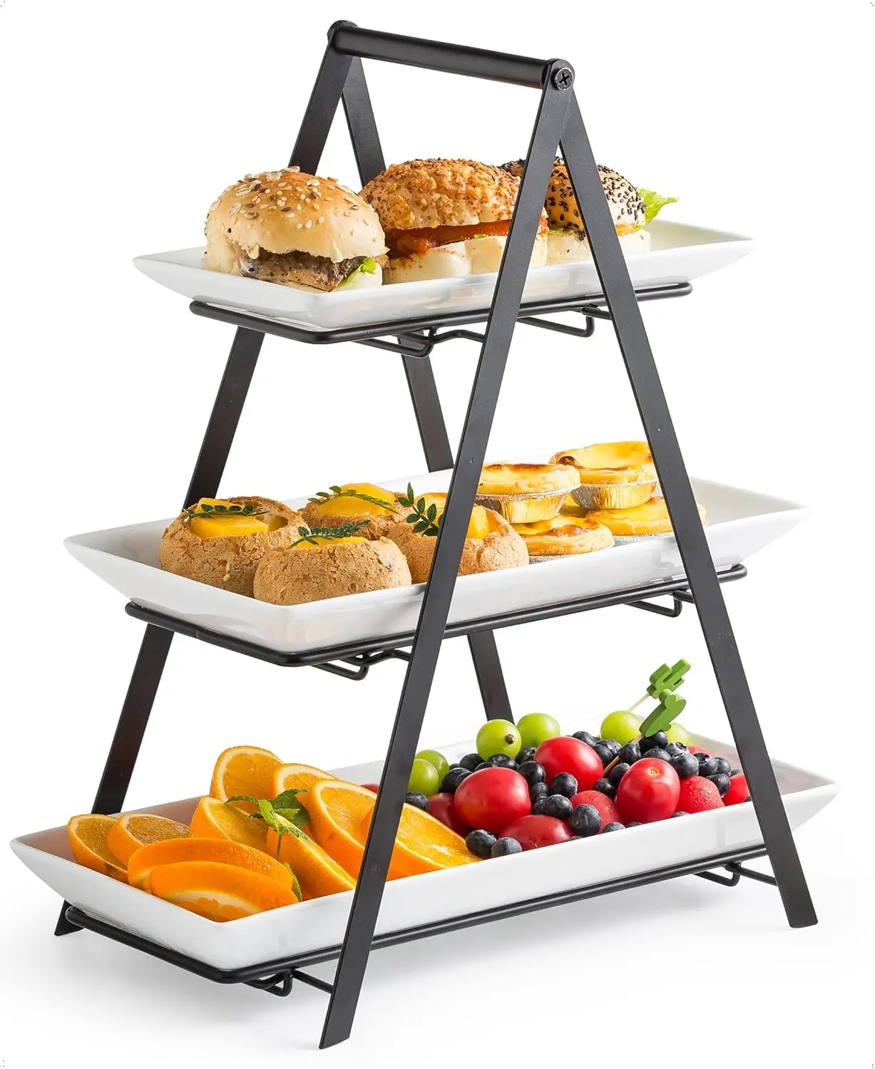 3 Tier Serving Tray Tiered Tray Stand, Ceramic Serving Platters and Trays with Metal Rack, 10+12+14 Inch Large Serving Trays for Party 3 Tier Serving Stand Dessert Display Set, Black
