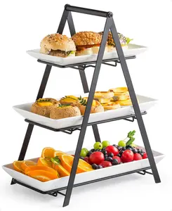 3 Tier Serving Tray Tiered Tray Stand, Ceramic Serving Platters and Trays with Metal Rack, 10+12+14 Inch Large Serving Trays for Party 3 Tier Serving Stand Dessert Display Set, Black