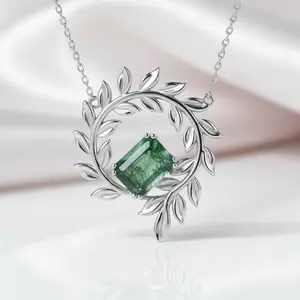 June Birthstone Natural Moss Agate Circle Leaves Necklace