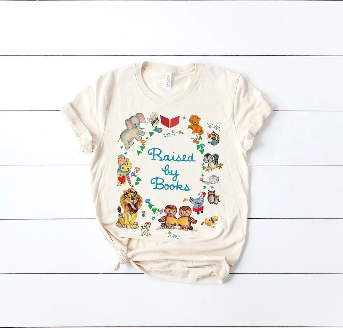 Raised by Books Golden Nostalgic Teacher Read Reading Love Little Retro Vintage Nostalgia Short-Sleeve Unisex T-Shirt