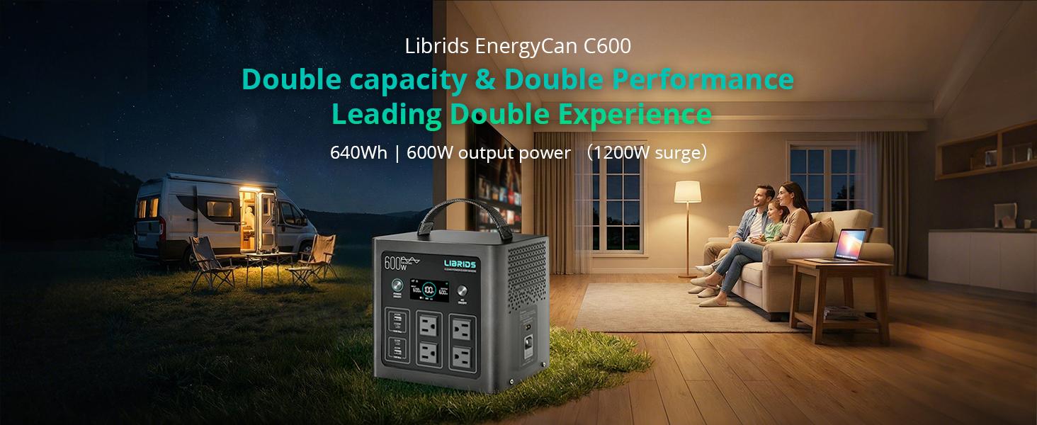 LIBRIDS Portable Power Station C600, 640Wh LiFePO4 Battery, 600W (Peak 1200W) Solar Generator, 1.5H Fast Charge, 10ms UPS, 8 Ports(4 AC) for Camping, Home Backup & Outages