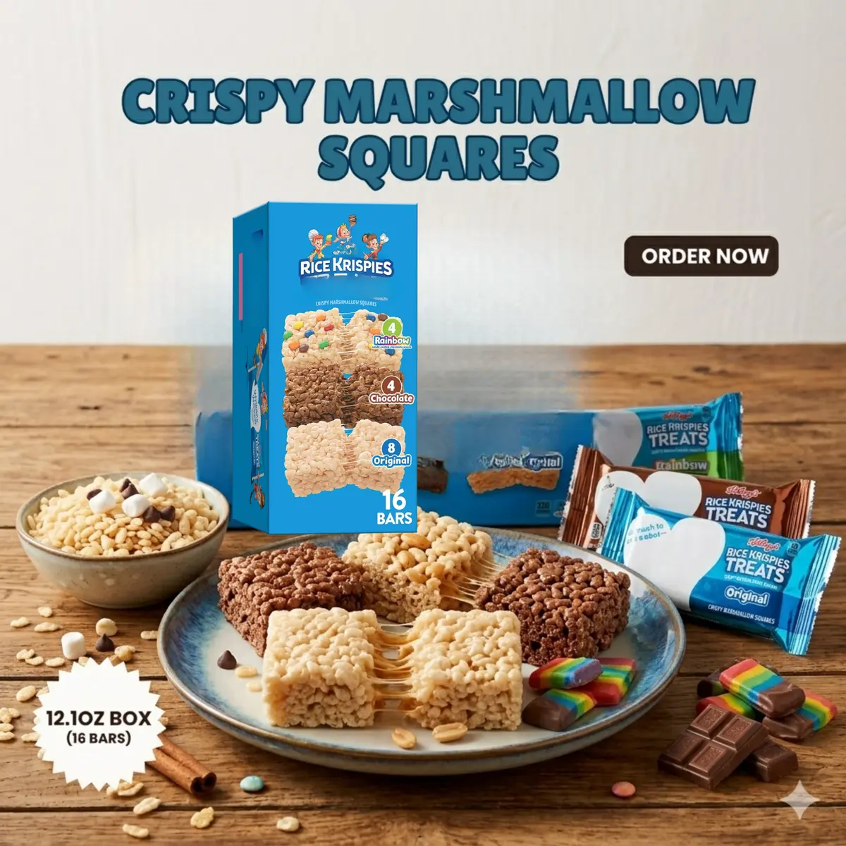 Marshmallow Crispy Snack Squares, Sweet Cereal Dessert Bars for Lunches Parties and Everyday Snacking, Family Size Variety Pack, 16 Individually Wrapped Bars