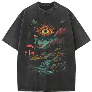 Men's Retro Trippy Mushroom Eye T-Shirt Washed Black Oversized Graphic Tee Casual Streetwear Psychedelic Fashion Tops
