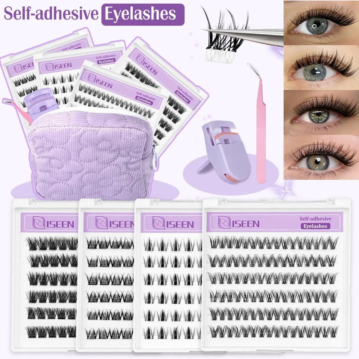 Self Adhesive Eyelashes, 294 Pcs Self Adhesive Glueless Lashes Clusters, False Eyelashes, No Glue Needed, Longer Lasting, No Sticky Residue Pre Glued Eyelashes, Makeup Girl Gifts suitable for daily commuting and travel, portable bag, (Volume-Mixed)