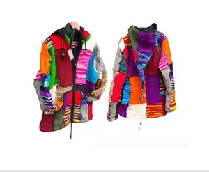 Patchwork Knitted Wool Fleece Lined Warm Hippy Hoodie Winter Jacket Coat Cozy Warm Hippie Nepali Jumper Rainbow Zip
