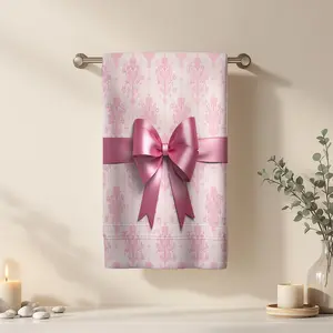 1Pc Vintage style pink ribbon bow on patterned background Bathroom Hand Towel Bath Towel, Multiple Size Microfiber Towel, Ultra-Soft Quick Dry and Absorbent Polyester Large Bath Towel, Unique Home Decorative Kitchen Decorative Towels