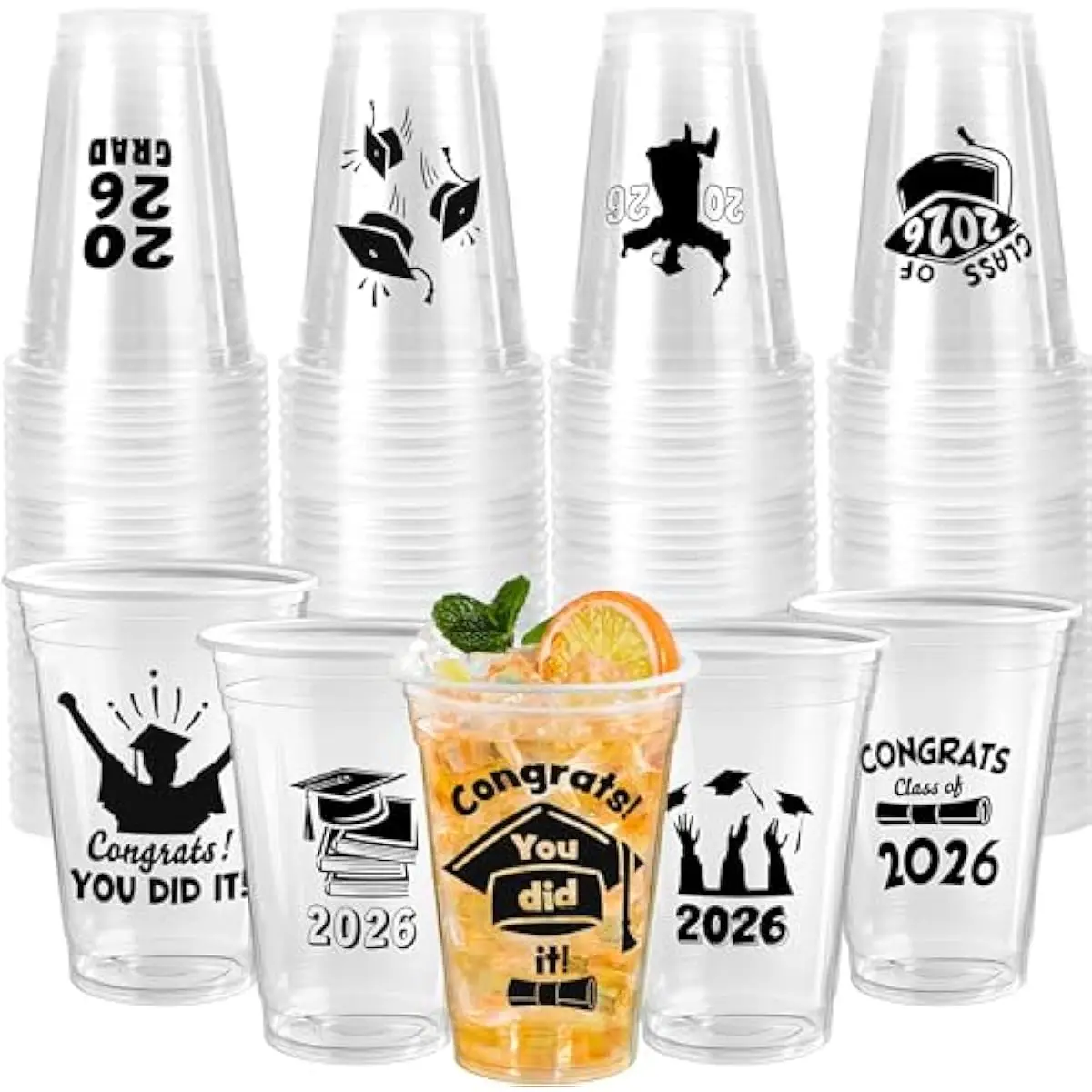 24 Pcs 16OZ Graduation Party Plastic Cups (Black), Graduation Decorations Class of 2026, 24 Designs Disposable Tableware Set for School Grad Party Favors Supplies
