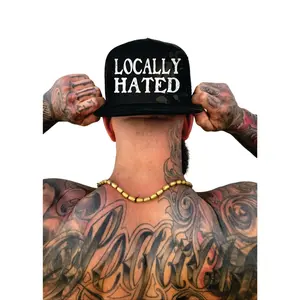 TheDriveClothing Locally Hated Black Camo Flat Bill Snapback Hat – Adjustable Mesh Back Trucker Cap, White Graphic Streetwear Hat, Structured Flat Brim Urban Style Headwear