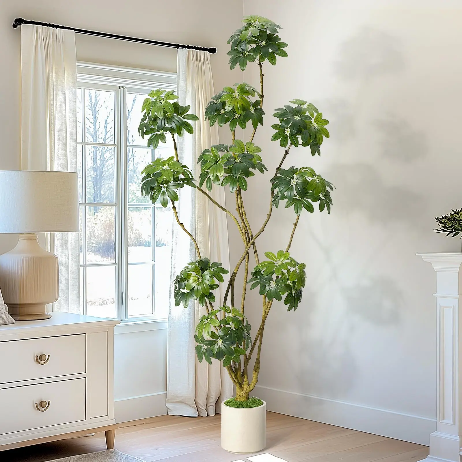 7ft Artificial Umbrella Tree, Faux Schefflera in White Planter, Multi-Trunk Indoor Plant for Home Office Porch Decor