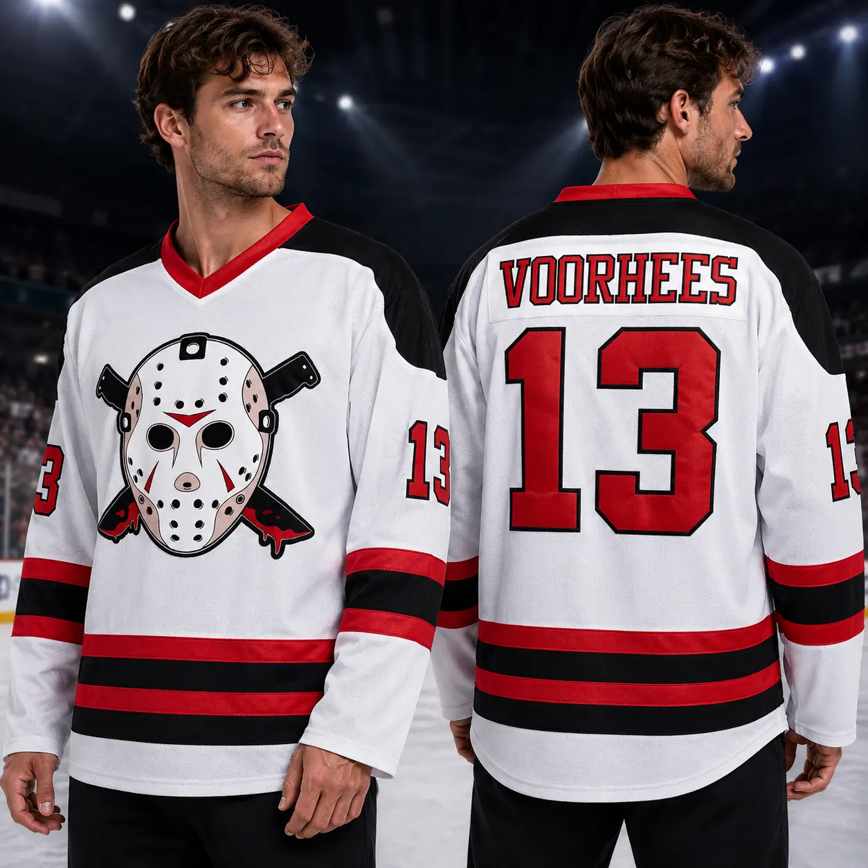 Men Jason Voorhees Ice Hockey Jersey  Horror Movie Stitched Signature Hockey Jersey Black Red Halloween Cosplay Long Sleeve Shirt For Party