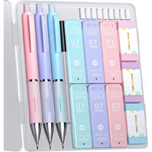 Four candy-colored cute mechanical pencils 0.7mm, pencil set includes 360 lead refills and pastel-colored erasers, stationery with box