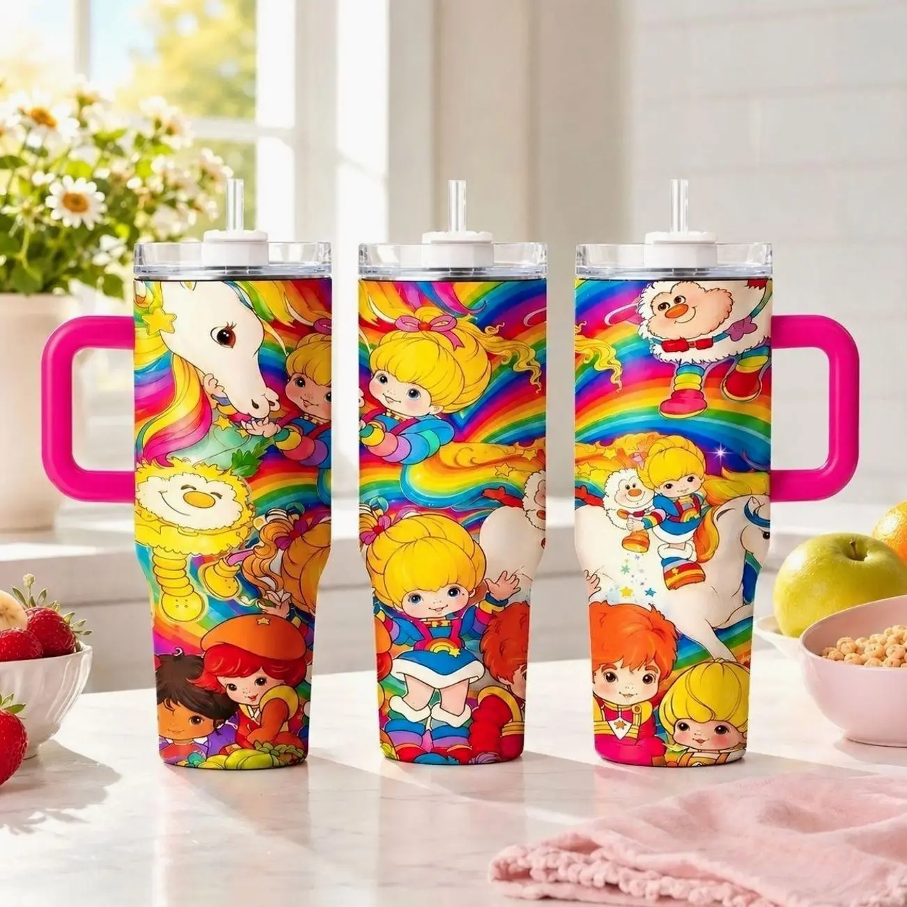 40oz Rainbow Brite Retro Tumbler, Leakproof Lid & Straw, Double Wall Vacuum Insulated, Keeps Hot 12h Cold 24h, Tiktok Viral Cup for Car Office