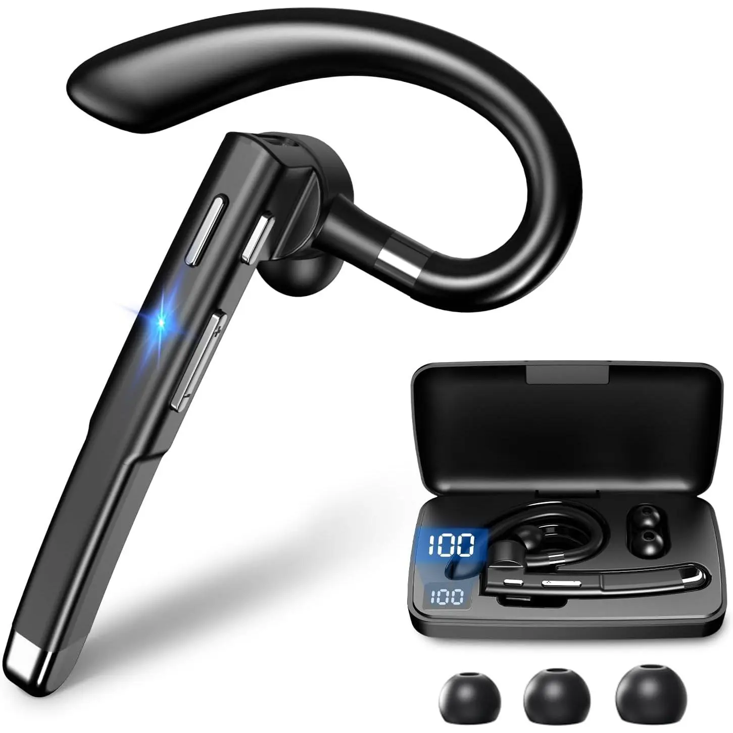X-HPS04  Bluetooth Headset, Wireless Earpiece with 500mAh Charging Case, 100Hrs Talking Time Built-in Dual Microphone 270° Rotatable Hand-Free Noise Canceling Headphones for Office/Trucker/Business