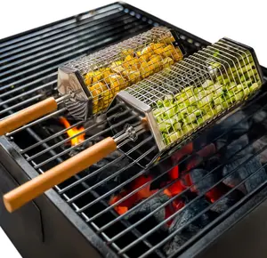 2 Pack Rolling Grill Basket  Stainless Steel Grilling Basket with Lid and Removable Wooden Handle  BBQ Accessories for Vegetables, Shrimp, Meat  Outdoor Cooking  for Dad or Husband