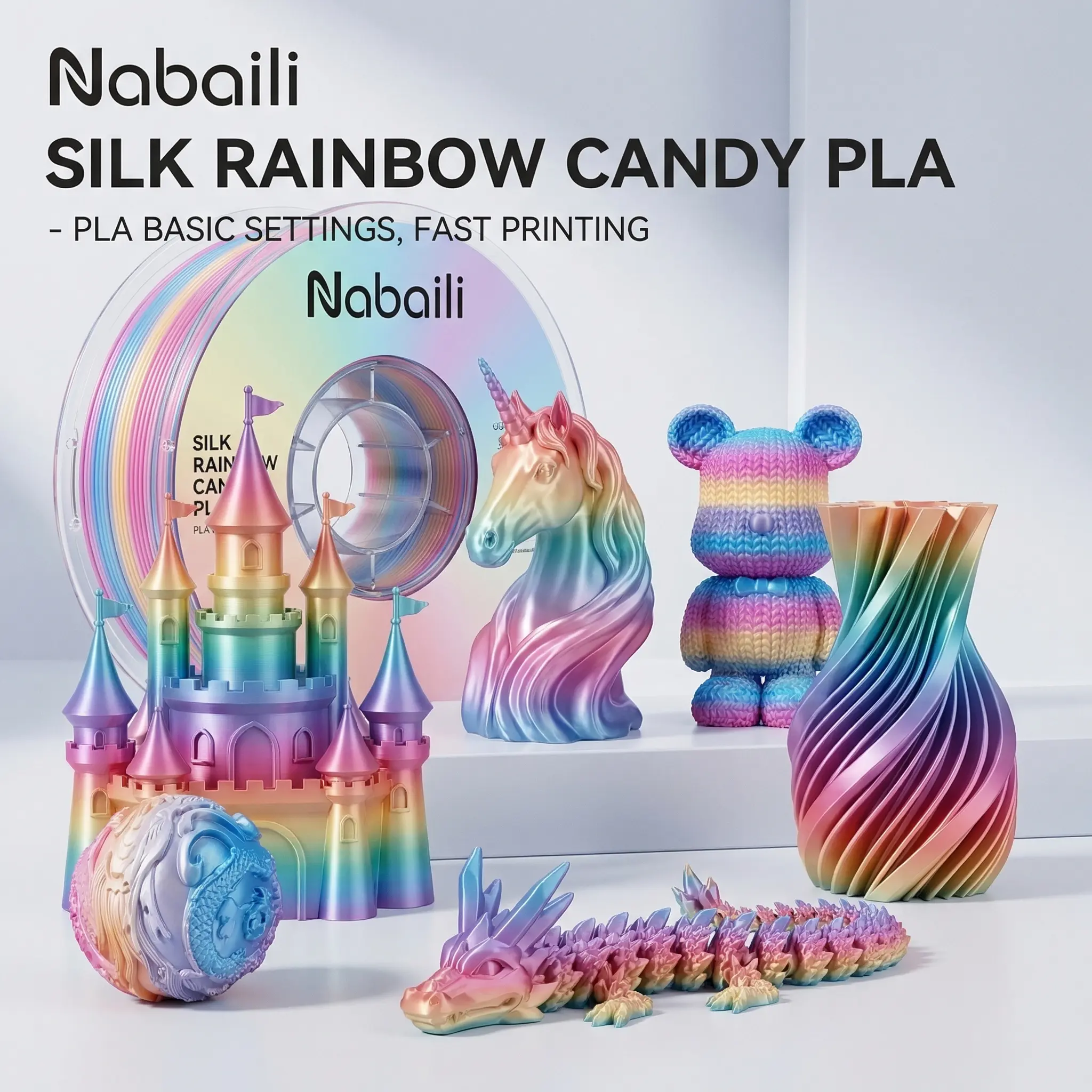 Nabaili Colorful Rainbow Hue Silk PLA 3D Filament, Easy-Print 3D Printing Supply for Creative Projects, No, Not Applicable