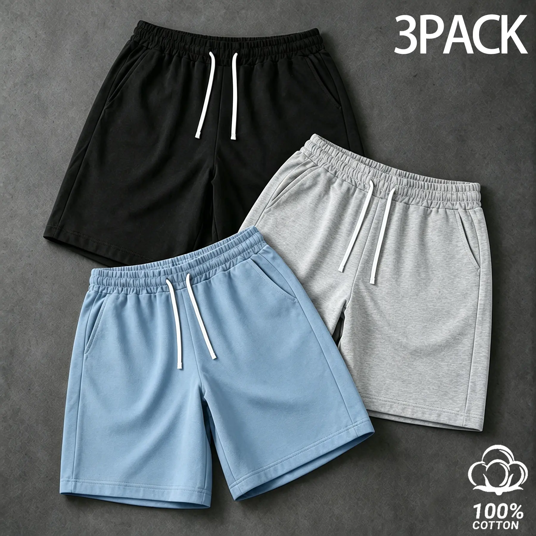 Men's 3-Pack 100% Cotton Elastic Sporty Shorts - Adjustable Drawstring Waistband, Deep Pockets, Soft Breathable Skin-Friendly Wrinkle-Resistant, Lightweight Sweat Bottoms for Fitness, Jogging, Cotton Shorts, Sweat Shorts, Pure Cotton
