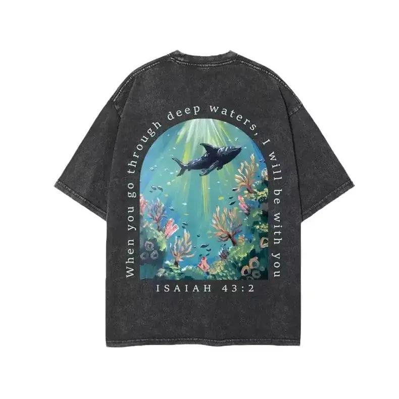 Men’s Relaxed Fit Short-Sleeve Ring-Spun Cotton T-Shirt – Vintage Graphic Tees, Pre-Shrunk, Garment-Dyed, Isaiah 43:2 Bible Quote, Unisex Faith Over Fear Religious Gift for Deep Waters Theme Lovers