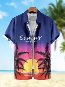 Men's Sunset Tropical Palm Tree Print 2-Piece Loungewear Set - Short Sleeve Camp Collar Shirt & Matching Drawstring Shorts, Soft Breathable Fabric, Relaxed Fit for At-Home Lounging, Lazy Weekends & Casual Evenings