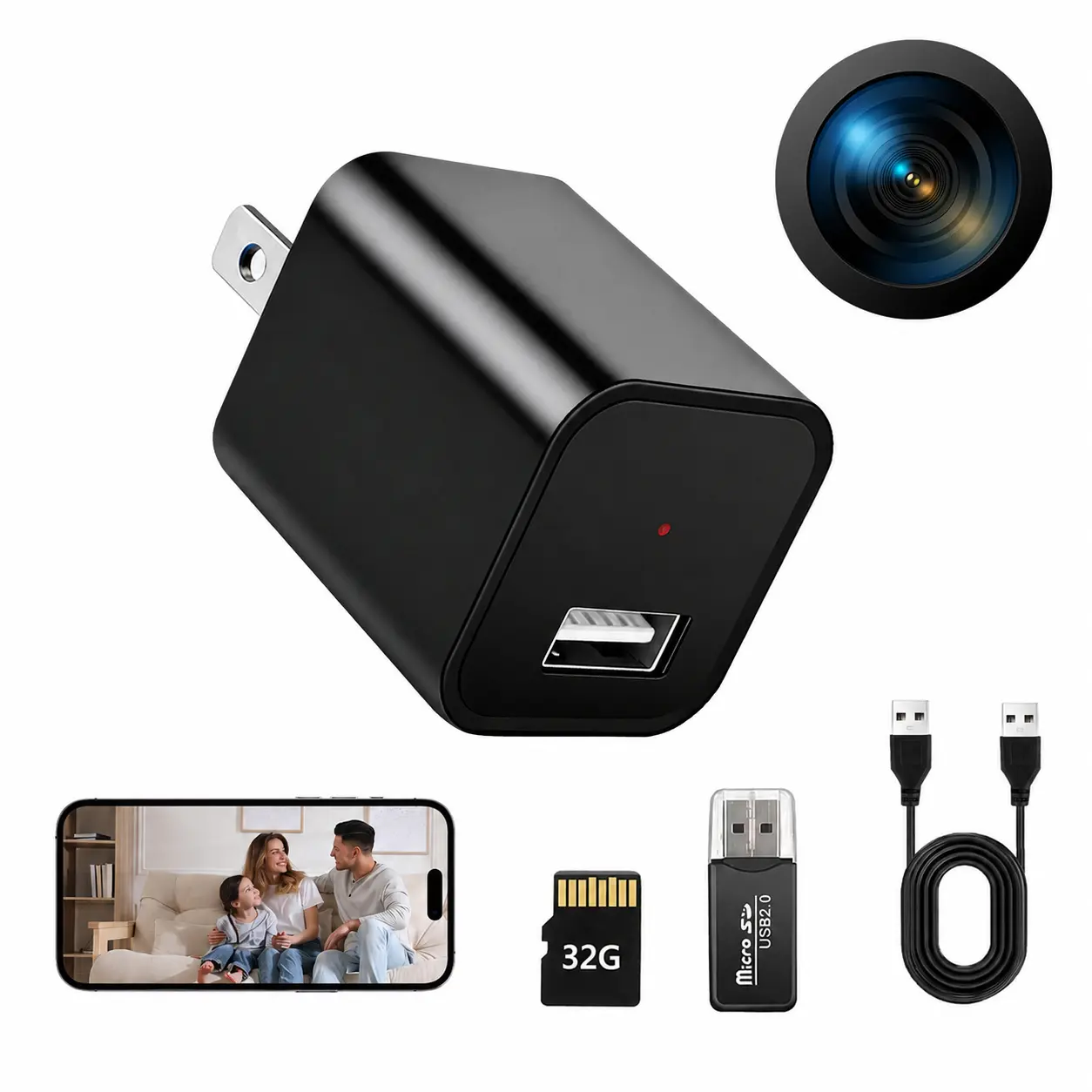 1080P Mini Portable Plug Charger Security Camera with 64G Micro SD Card, Night Vision, Motion Detection for Home Pet Monitoring