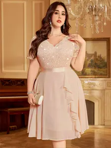 MISSMAY P84118A Plus Womenswear Elegant V-Neck Short Sequin Glitter Sparkly Lace Floral Contrast Chiffon Ruffle Trim Formal Cocktail Party Flowy Swing Dress