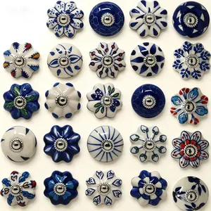 Set of 25 Handmade Ceramic Drawer Pulls, Colorful Blue Kitchen Cabinet Hardware, Decorative Pottery Knobs for Bathroom Cupboards and Dresser, Reusable and Durable Decorative Handles