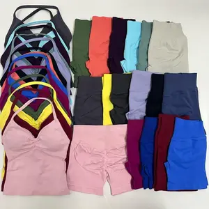 【With label】Dfyne 2 Pieces Women Yoga Set Seamless Yoga Longline Strappy Tank Top Scrunch Sports Shorts Gym Clothes Woman Summer Workout Outfit Athleisure Wear