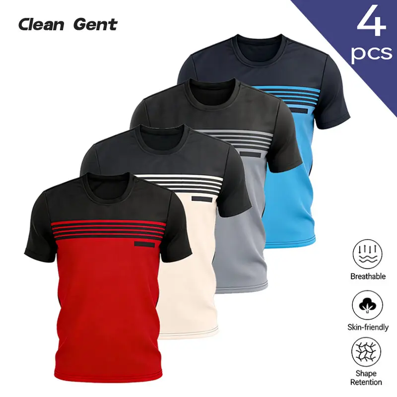 Clean Gent 4-Pack Men’s Short-Sleeve T-Shirts, striped panel design, crew neck, versatile for everyday wear—comfortable and durable, ideal for summer, machine washable and easy care.